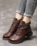 New Autumn And Winter Women's Leather Boots Thick Heel Soft Sole Top Layer Soft Cowhide Lace-up Short Boots Color Polish