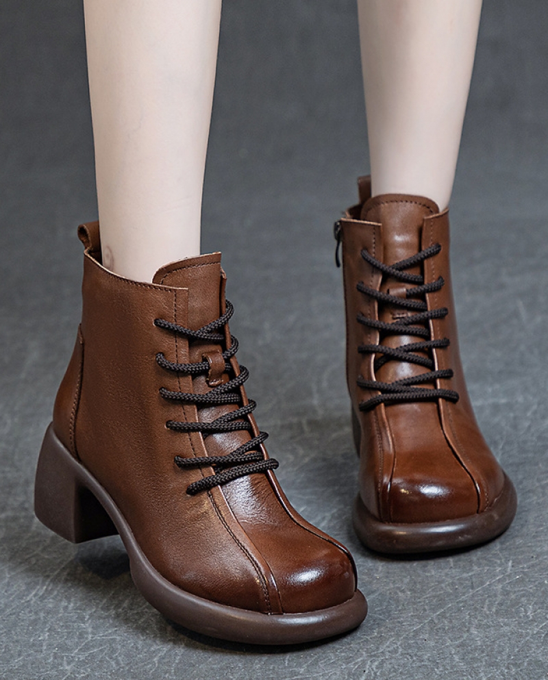 Boots For Women In Autumn And Winter New Style Thick Medium Heel Washed First Layer Soft Cowhide Martin Boots Color Poli