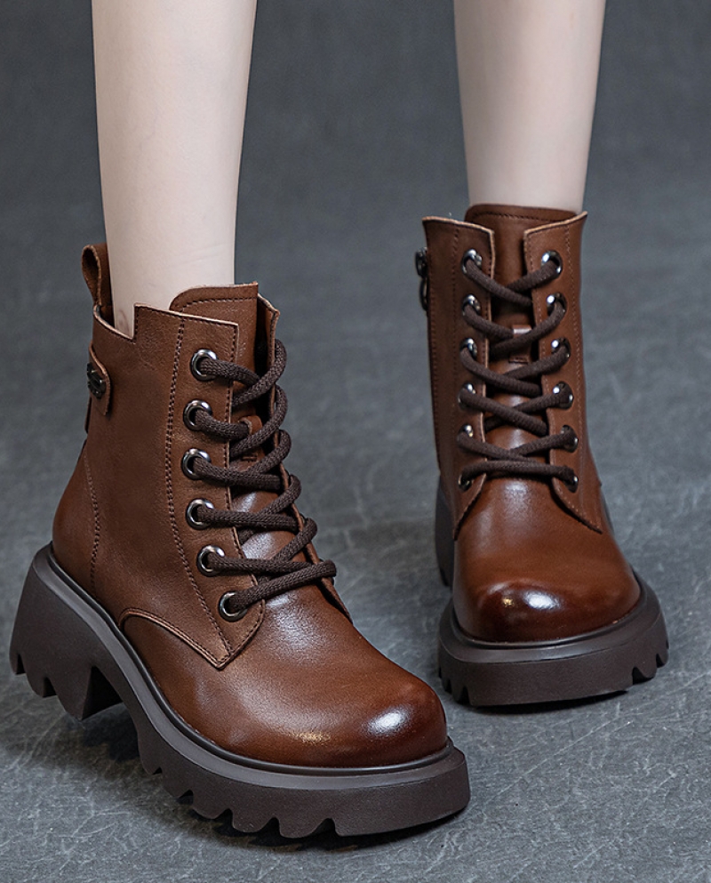 New Autumn And Winter Genuine Leather Women's Boots Thick Heel Foamed Light Soled Martin Boots Washed Top Layer Soft Cow