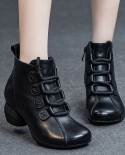 Boots For Women In Autumn And Winter New Style Retro Lace-up Genuine Leather Short Boots Thick Heel Soft Sole Top Layer 