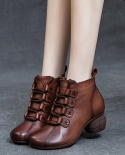 Boots For Women In Autumn And Winter New Style Retro Lace-up Genuine Leather Short Boots Thick Heel Soft Sole Top Layer 