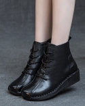 Genuine Leather Boots For Women, Autumn Wedge Heel, Soft Sole, Washable Top Layer, Soft Cowhide Lace-up Square Toe Short
