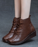 Genuine Leather Boots For Women, Autumn Wedge Heel, Soft Sole, Washable Top Layer, Soft Cowhide Lace-up Square Toe Short
