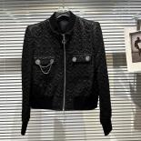 High Street Newest 2023 Designer Jacket Women's Metal Letter Buckle Pleated Bright Silk Shoulder Pad Short Jacket