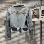 High Street New Fashion 2023 Designer Jacket Women's Metal Rivet Beaded Shoulder Pad Denim Jacket