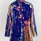 High Street Newest 2023 Fashion Designer Jacket Women's Multicolor Velvet Sequins Color Changing Casual  Long Blazer