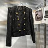 High Street Newest Fashion 2023 Spring Designer Jacket Women's Double Row Metal Buckle Sequin Shoulder Pad Jacket