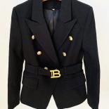 High Street Newest 2023 Designer Jacket Women's Double Breasted Lion Buttons Monogram Jacquard Belted Blazer