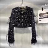 High Street Newest 2023 Fall Winter Designer Fashion Women Nail Bead Plush Tweed Ostrich Hair Short Jacket