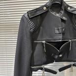High Street Newest Fashion 2023 Designer Jacket Women's Zipper Leather Shoulder Strap Shoulder Pad Motorcycle Short Jack
