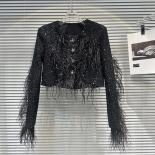 High Street Newest 2023 Fashion Designer Jacket Women's Ostrich Hair Decorative Diamond Buckle Tweed Short Jacket