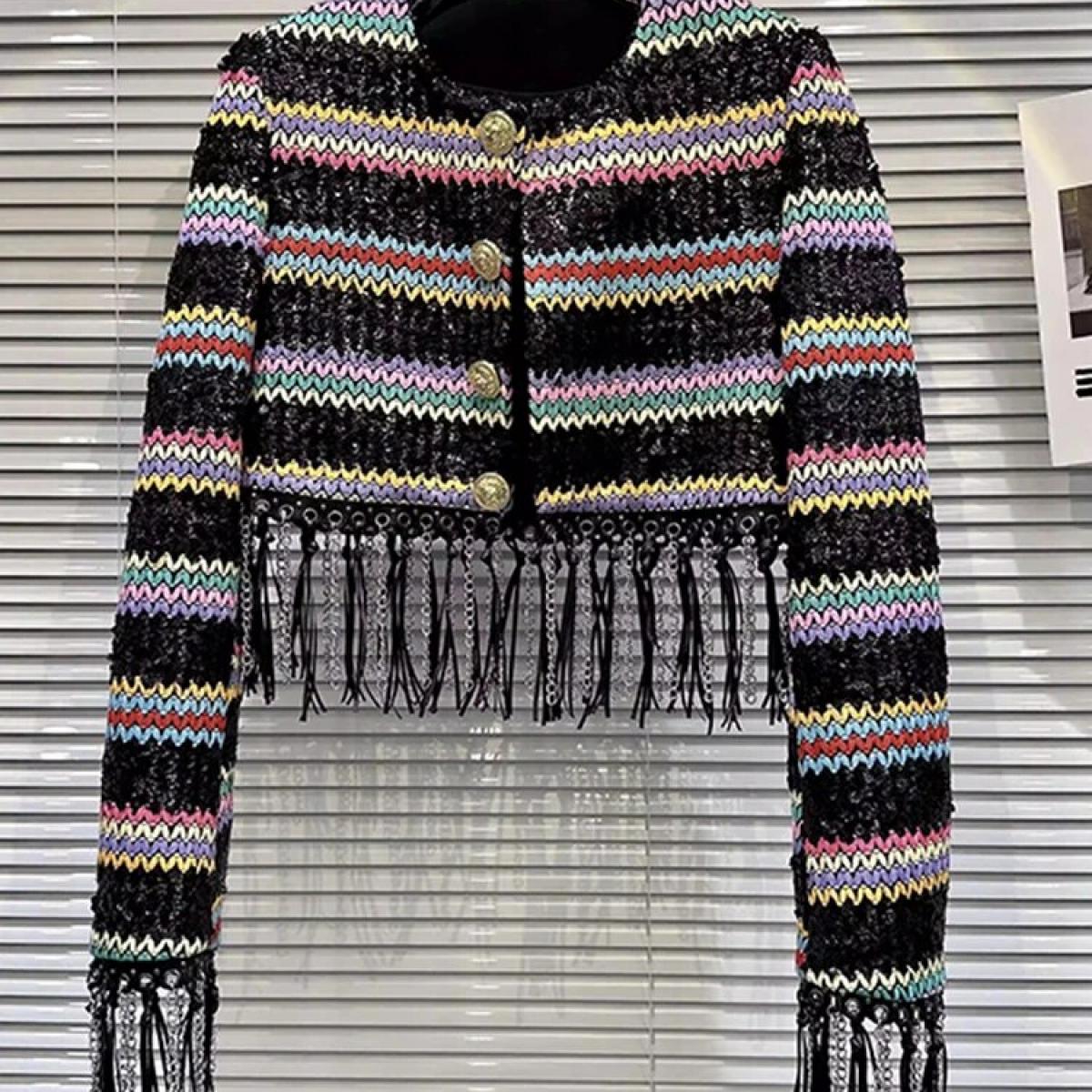High Street Newest 2023 Fall Winter Designer Fashion Women Colorful Striped Woven Fringed Edge Short Jacket