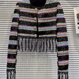 High Street Newest 2023 Fall Winter Designer Fashion Women Colorful Striped Woven Fringed Edge Short Jacket