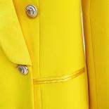 Newest 2023 Designer Long Blazer Women's Lion Buttons Double Breasted Satin Shawl Collar Blazer Dress Fluorescent Yellow