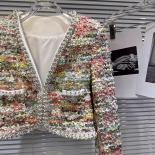 High Street Newest 2023 Fall Winter Designer Fashion Women Colorful Woven Tassel Tweed Pearl Studded Short Jacket