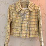 High Street Newest 2023 Fall Winter Designer Fashion Women Checkered Studded Diamond Tweed Short Jacket