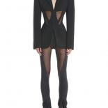 High Street Newest 2023 Designer Blazer Suit Women's Perspective Gauze Patchwork Blazer Pencil Pants