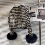 High Street New Fashion 2023 Designer Women's Fox Fur Cuffs Sequin Tweed Short Jacket