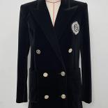 High Street Newest 2023 Fashion Designer Jacket Women's Badge Beaded Double Breasted Velvet Long Blazer