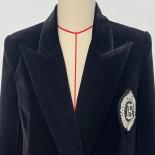 High Street Newest 2023 Fashion Designer Jacket Women's Badge Beaded Double Breasted Velvet Long Blazer