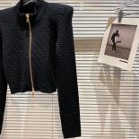 High Street Newest 2022 Designer Jacket Women's Extra Shoulder Pad Jacquard Zip Knitted Jacket  Jackets