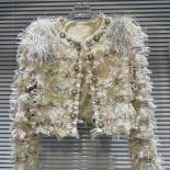 High Street Newest 2023 Fashion Designer Jacket Women's Bright Silk Shoulder Gauze Tassel Pearl Button Jacket