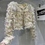 High Street Newest 2023 Fashion Designer Jacket Women's Bright Silk Shoulder Gauze Tassel Pearl Button Jacket