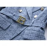 High Street Newest 2023 Designer Jacket Women's Double Breasted Lion Buttons Monogram Jacquard Belted Denim Blazer