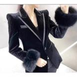 High Street Newest 2022 Designer Blazer Women's Grid Velvet Fur Embellished Long Blazer