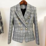 High Street Newest 2022 Designer Jacket Women's Classic Plaid Slim Fitting Double Breasted Lion Buttons Blazer  Blazers