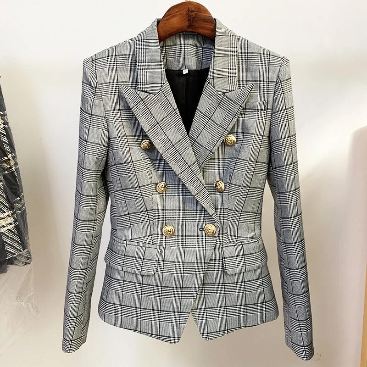 High Street Newest 2022 Designer Jacket Women's Classic Plaid Slim Fitting Double Breasted Lion Buttons Blazer  Blazers