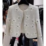 High Street Newest 2023 Fall Winter Designer Fashion Women Round Neck Long Sleeve Beaded Rhinestone Flower Tweed Jacket