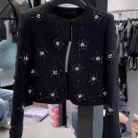 High Street Newest 2023 Fall Winter Designer Fashion Women Round Neck Long Sleeve Beaded Rhinestone Flower Tweed Jacket