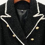 High Street Newest Fashion 2022 Designer Jacket Women's Slim Fitting Lion Buttons Contrast Color Fringed Tweed Blazer  B