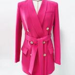 High Street New Fashion 2023 Designer Jacket Women's Double Breasted Lion Buttons Belted Shawl Collar Blazer Hot Pink