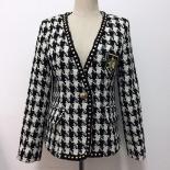 High Street New Fashion 2022 Designer Jacket Women's Rivet Single Button Embroidery Symbol Houndstooth Tweed Jacket  Woo
