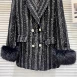 High Street Newest 2023 Designer Jacket Women's Plush Cuffs Striped Sequin Tweed Long Blazer
