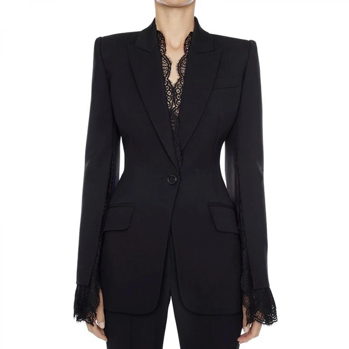 High Street 2023 New Stylish Designer Blazer Jacket Women's Lace Fringe Slit Sleeve One Button Blazerblazers
