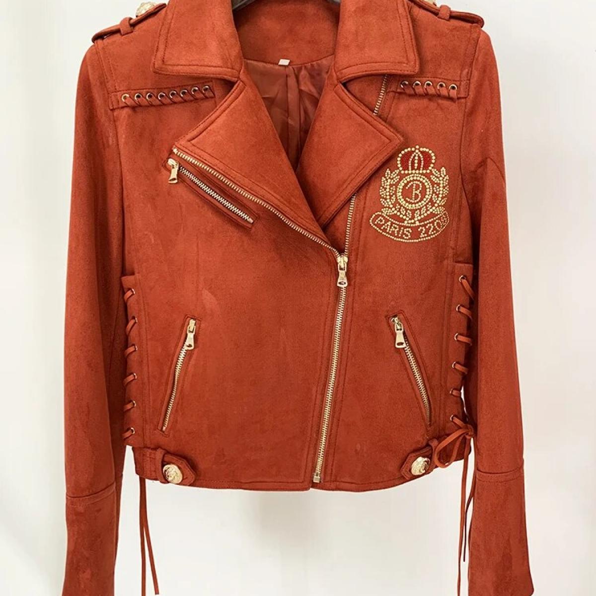 High Street Newest 2022 Designer Fashion Women's Lacing Up Tassel Synthetic Suede Leather Motorcycle Biker Jacket  Faux 