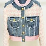 Newest 2022 Designer Suit Set Women's Lion Buttons Houndstooth Tweed Denim Patchwork Tassel Fringed Jacket Mini Skirt Se
