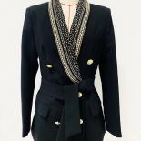 High Street Newest 2023 Stylish Designer Jacket Women's Metal Sheets Beading Belted Shawl Collar Blazer