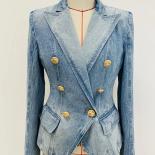 High Street Newest 2023 Designer Jacket Women's Slim Fitting Double Breasted Lion Buttons Denim Blazer  Tailored Coat