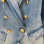 High Street Newest 2023 Designer Jacket Women's Slim Fitting Double Breasted Lion Buttons Denim Blazer  Tailored Coat