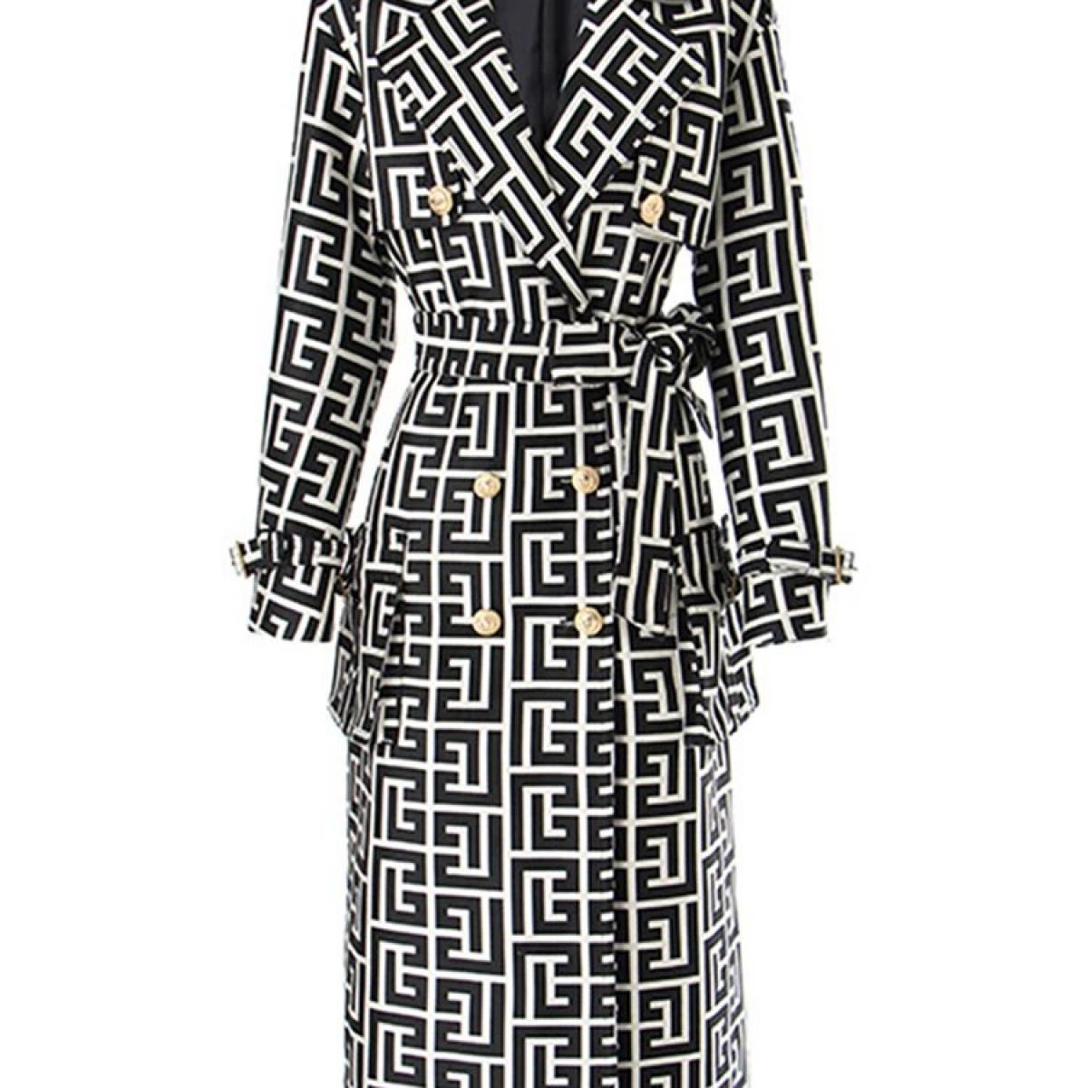 High Street Newest Fall Winter 2022 Designer Women's Lion Buttons Geometrical Monogram Jacquard Belted Trench Overcoat  