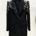 High Street Newest 2023 Designer Jacket Women's Double Breasted Rhinestone Diamonds Beaded Long Blazer Dress