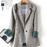 Lattice Blazers Women  Chic Spring Loose Lady Elegant Coats Single Button Minimalist Outwear Long Sleeve Suit Jacket S 3