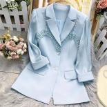 Spring Summer Women Blazers New Heavy Beaded Singlebreasted Threequarter Sleeve Suit Jacket Lady Coat Black White Blue B