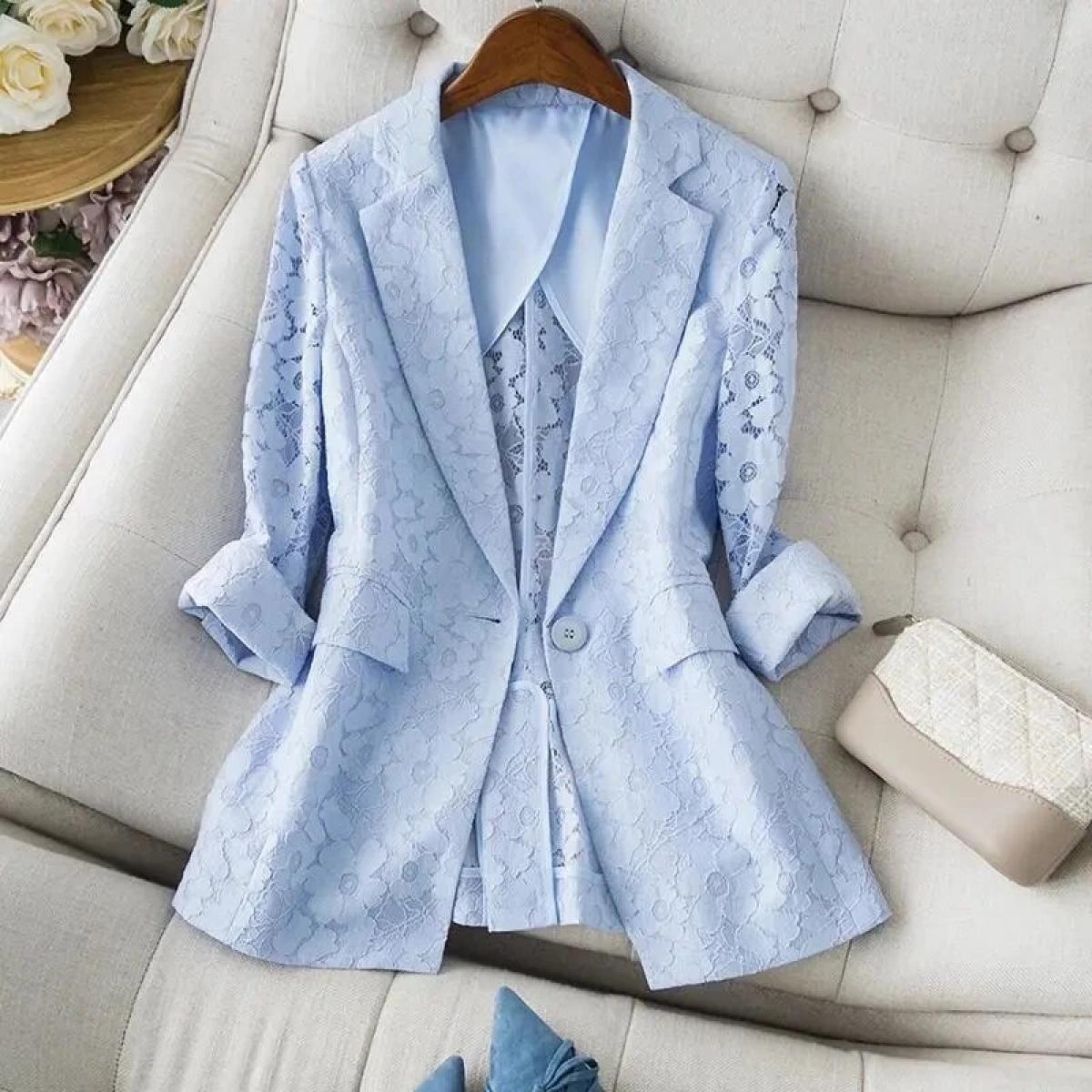 Women Blazer 2022 New Elegant Lace Hollow Out Thin Summer Blazers Lady Office Suit Jackets Coat Slim Female Tops Overcoa