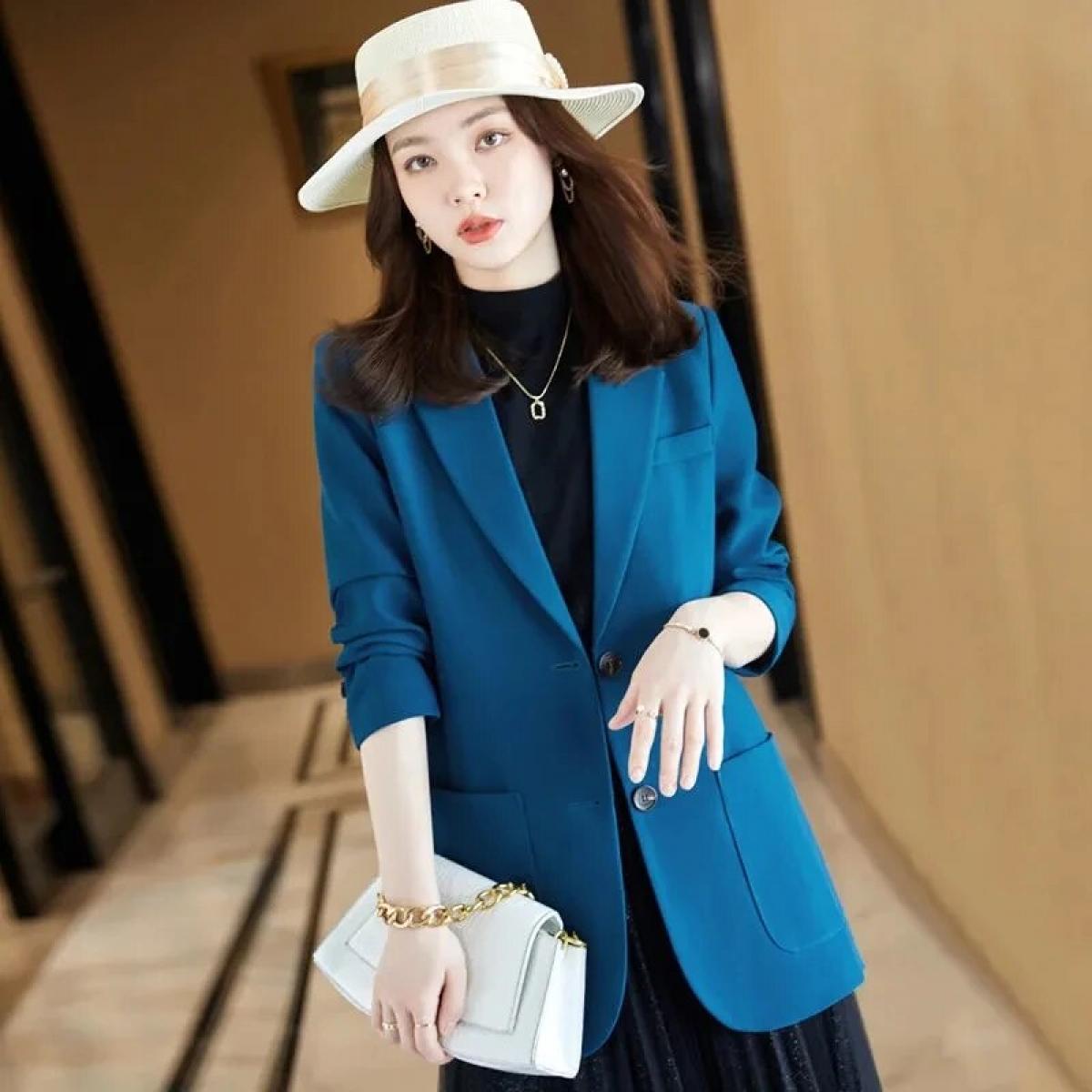 Women Blazer Office Lady 2023 Elegant Slim Notched Women Blazers And Jackets Button Long Sleeve Solid Work Female Blue S
