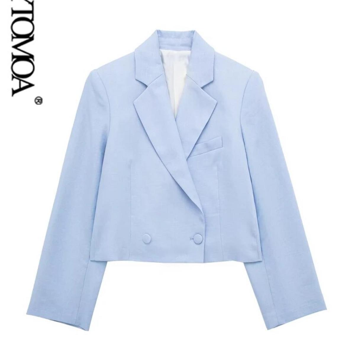 Kpytomoa Women Fashion Cropped Linen Blazer Coat Vintage Long Sleeve Front Button Female Outerwear Chic Tops